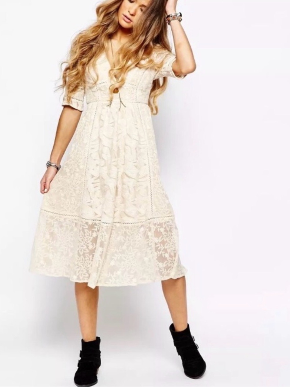 Free People Mountain Laurel Cream Lace Midi Dress with Floral Embroidery